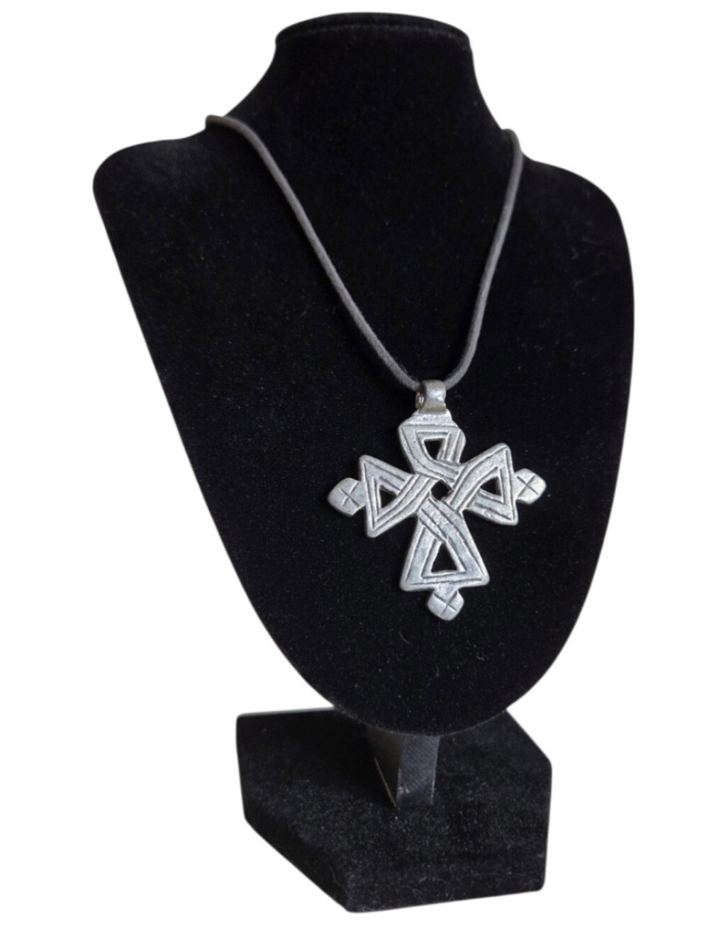 coptic cross style pendant necklace pewter silver tone cord tribal 22"